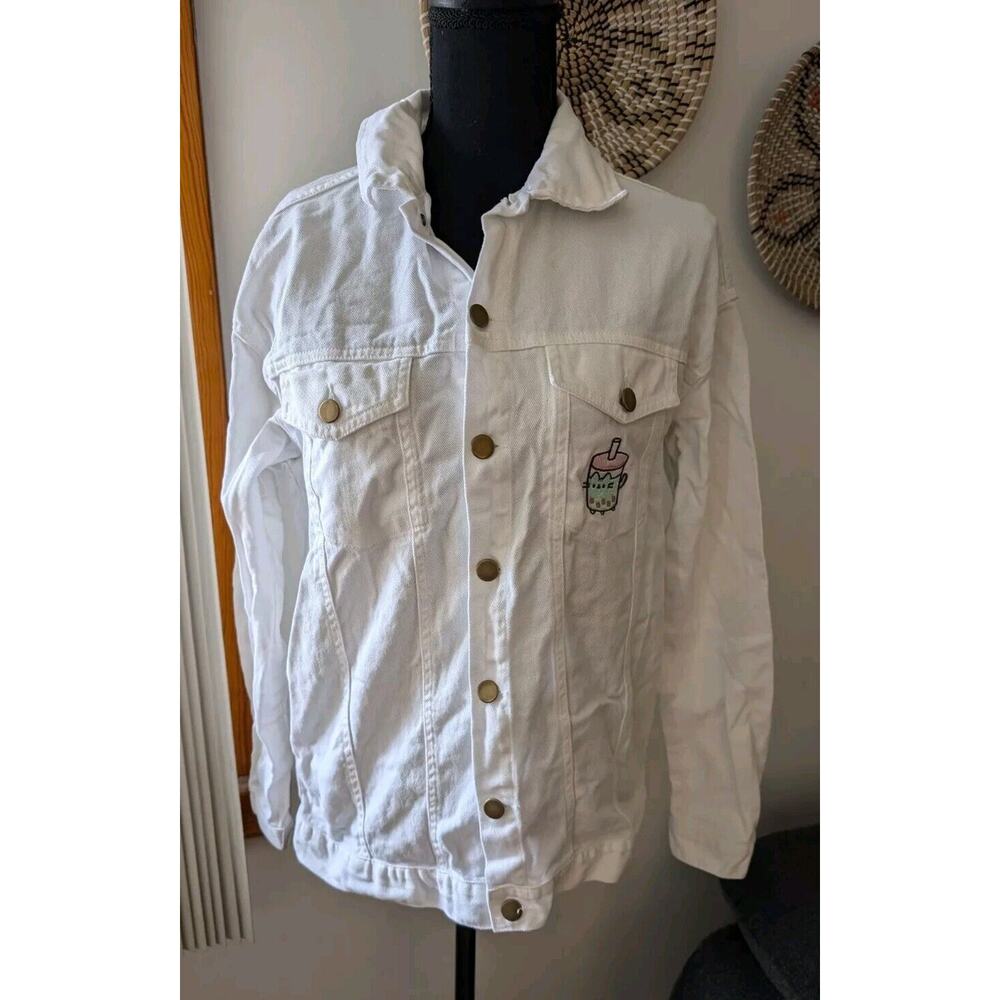Pusheen Cat White LS Denim Jacket Bobasheen Bubble Tea Size Small Embroidered